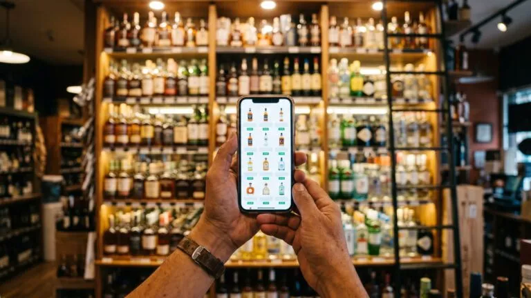 A store catalog on a phone in front of liquor shelves